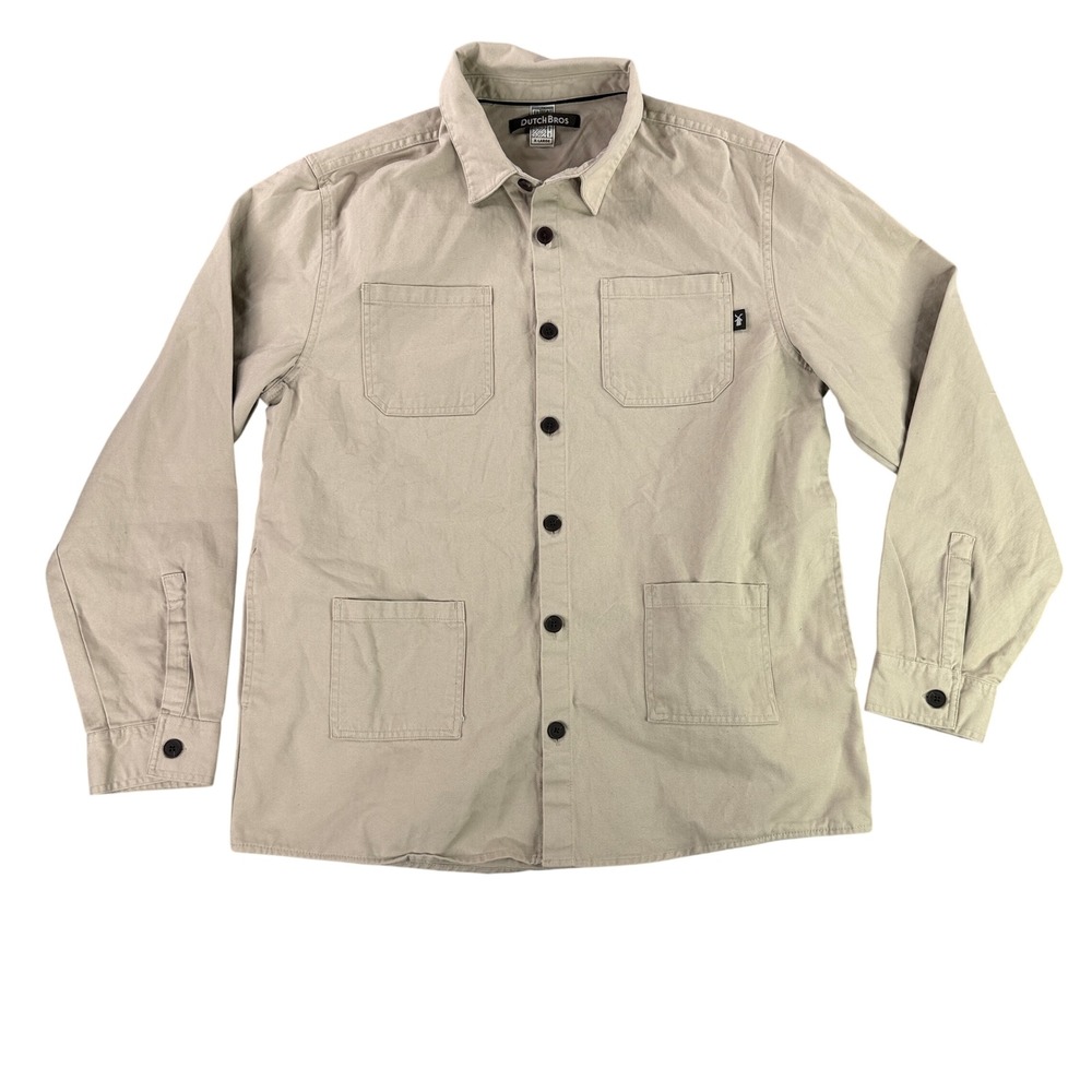 Dutch Bros Chore Coat Men XL Tan Cotton Long Sleeve Button Down Utility Shirt